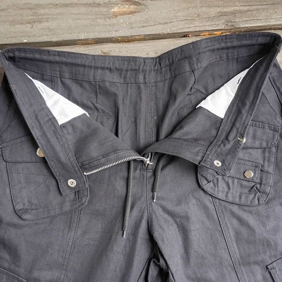 Black Wide Leg Cargo Mid-weight Denim Drawstring Snap Buttons Pants 9 Pockets - Picture 5 of 5